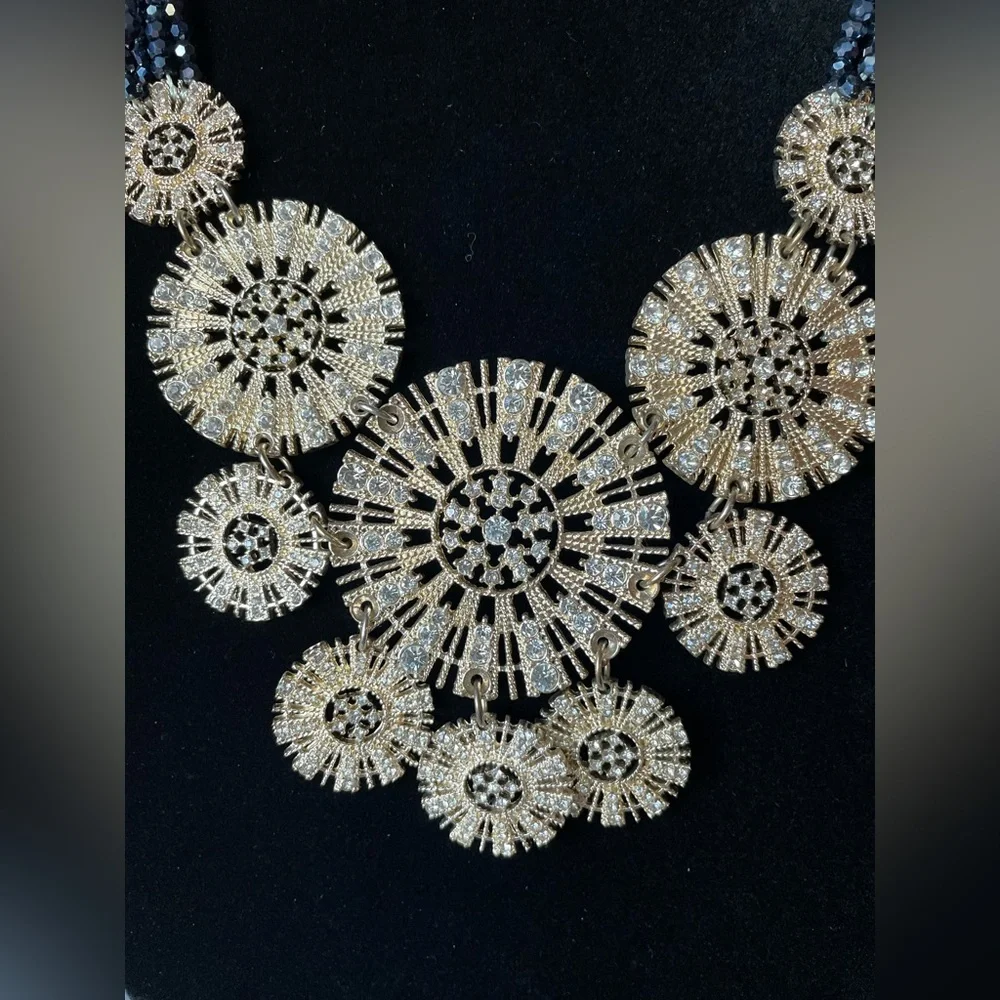 Beautiful Statement Necklace Has Silver Medallions with Rhinestone & Navy Beads